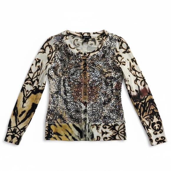 Cartise Sweaters - Cartise Sequin Tiger Print Zip Cardigan Top Size M Baroque Animal Statement